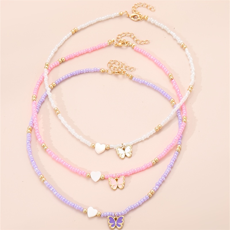 TEMU 3pcs Bohemian Style Colorful And Heart Seed Bead Strand Necklace Set For Girls, Versatile Best Friend Necklaces
