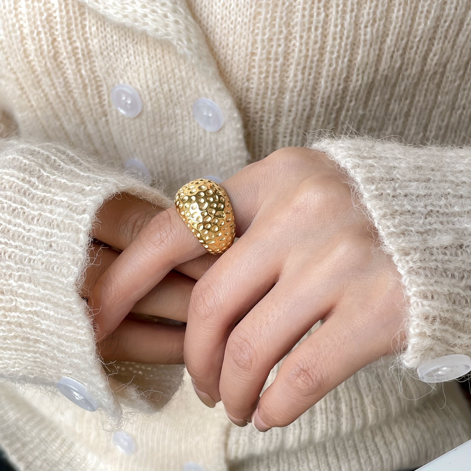 Women's Premium Hammered Texture Geometric Wide Band Stainless Steel Ring