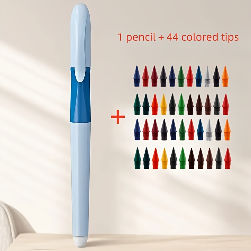 Eternal Pencil Set, Includes 1 Pencil + 44 Colored Leads, Non-sharpening Pencil With Built-in Eraser - Visually Appealing, Perfect For Drawing And Writing