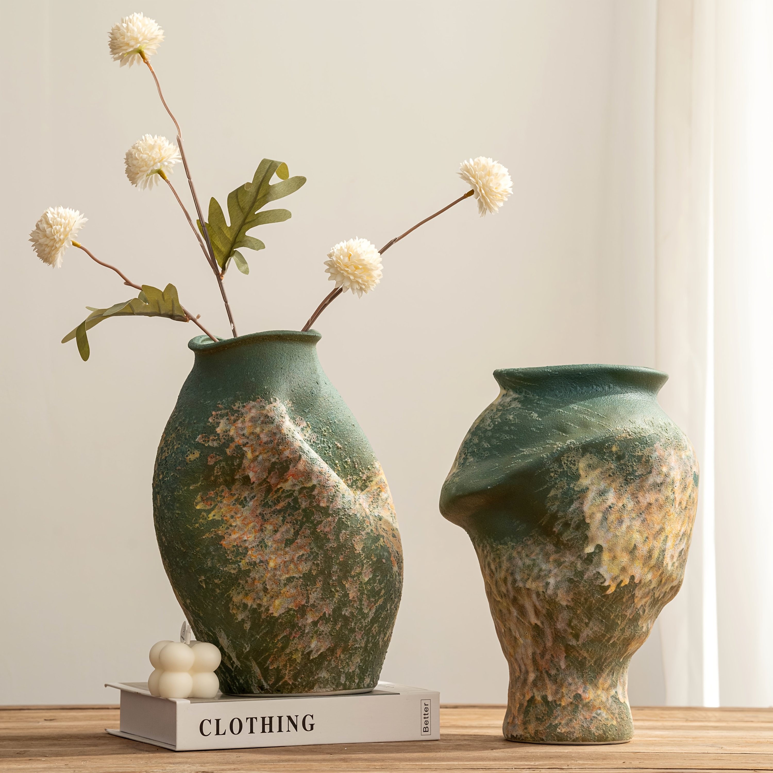 Vintage Green Textured Sculptural Ceramic Vase, with Unique Mottled Texture and Exquisite Artistic Design.