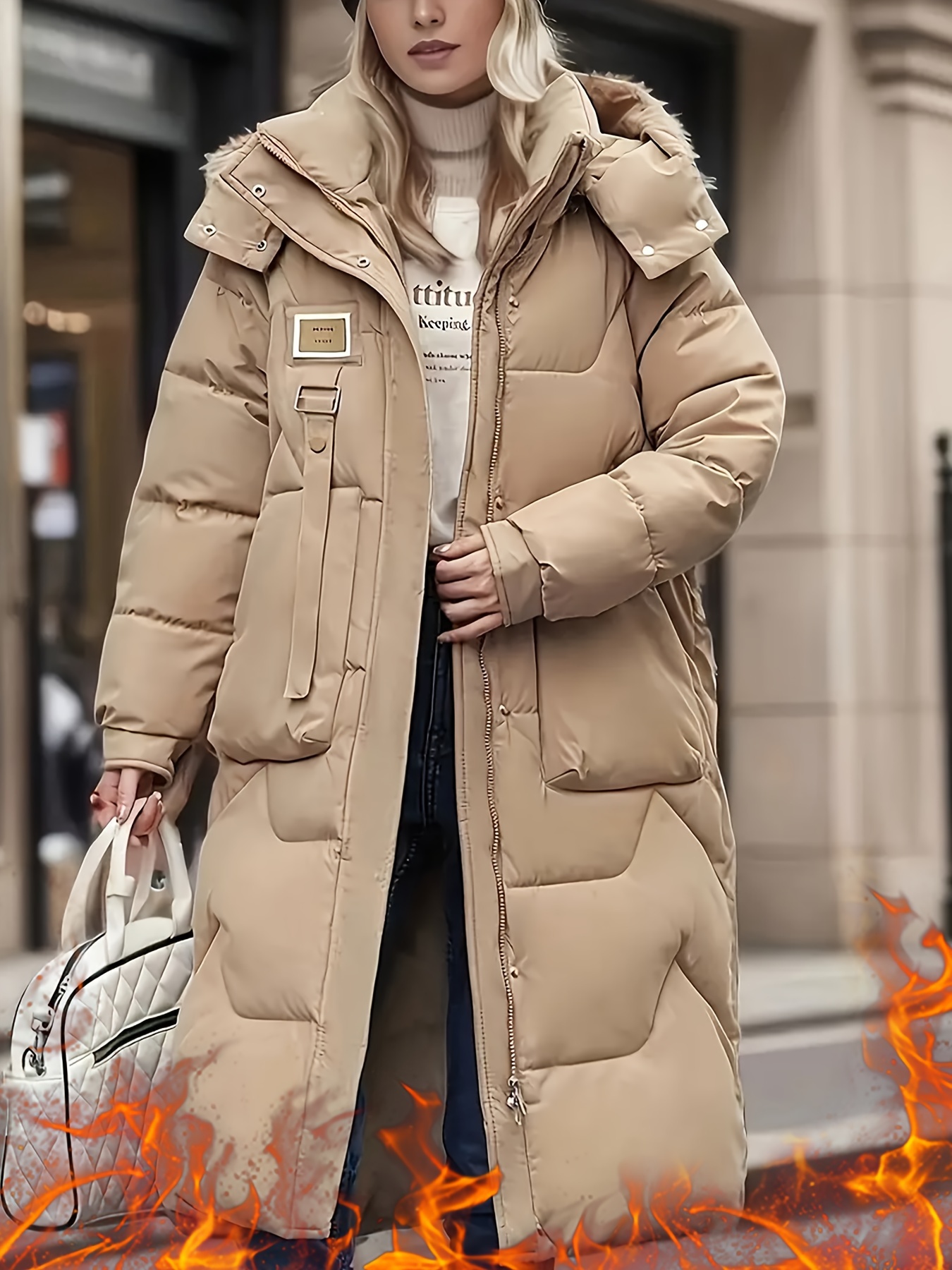 womens winter hooded coat detachable hood beige minimalist Temu