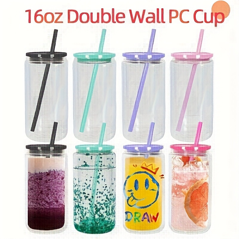 

8-pack 16oz Diy Glitter Snow Globe Tumbler Cups - Hand Wash Plastic Rectangle Water Bottles With Straws & Rubber Stoppers, Bpa & Pvc Free, Lightweight For Crafts And Uv Dtf Transfers