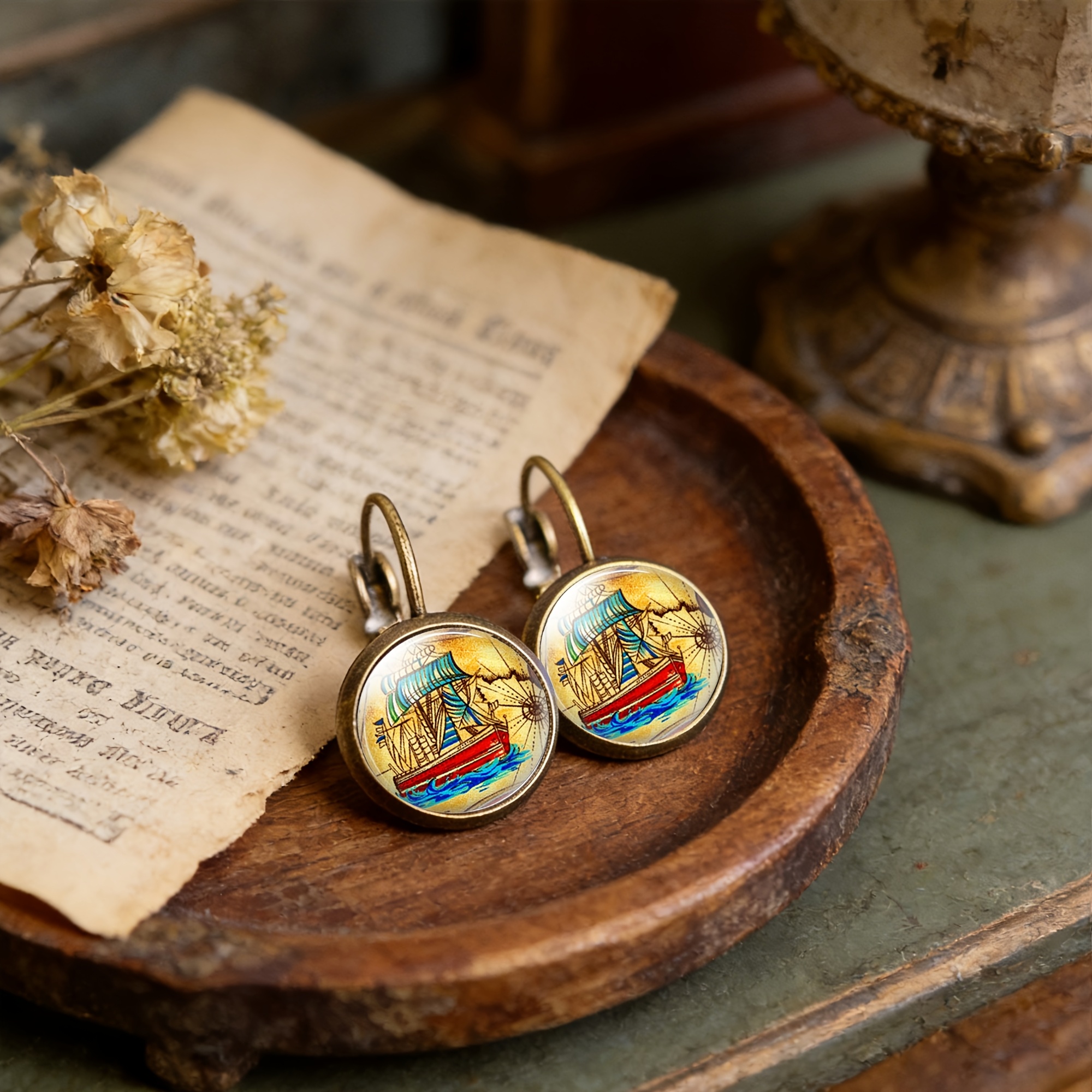 2pc Antique Cyan Round Classical Earrings Set, Sailboat Design