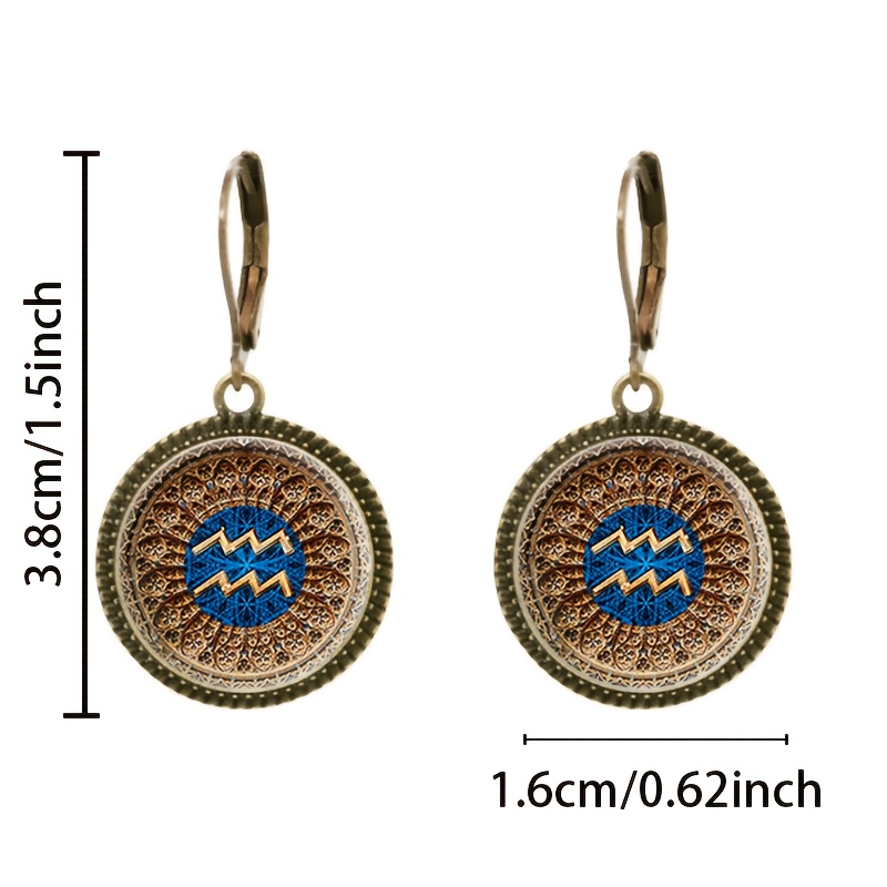2pc Cyan Classic Pendant Earrings Set, Golden Symbol Design