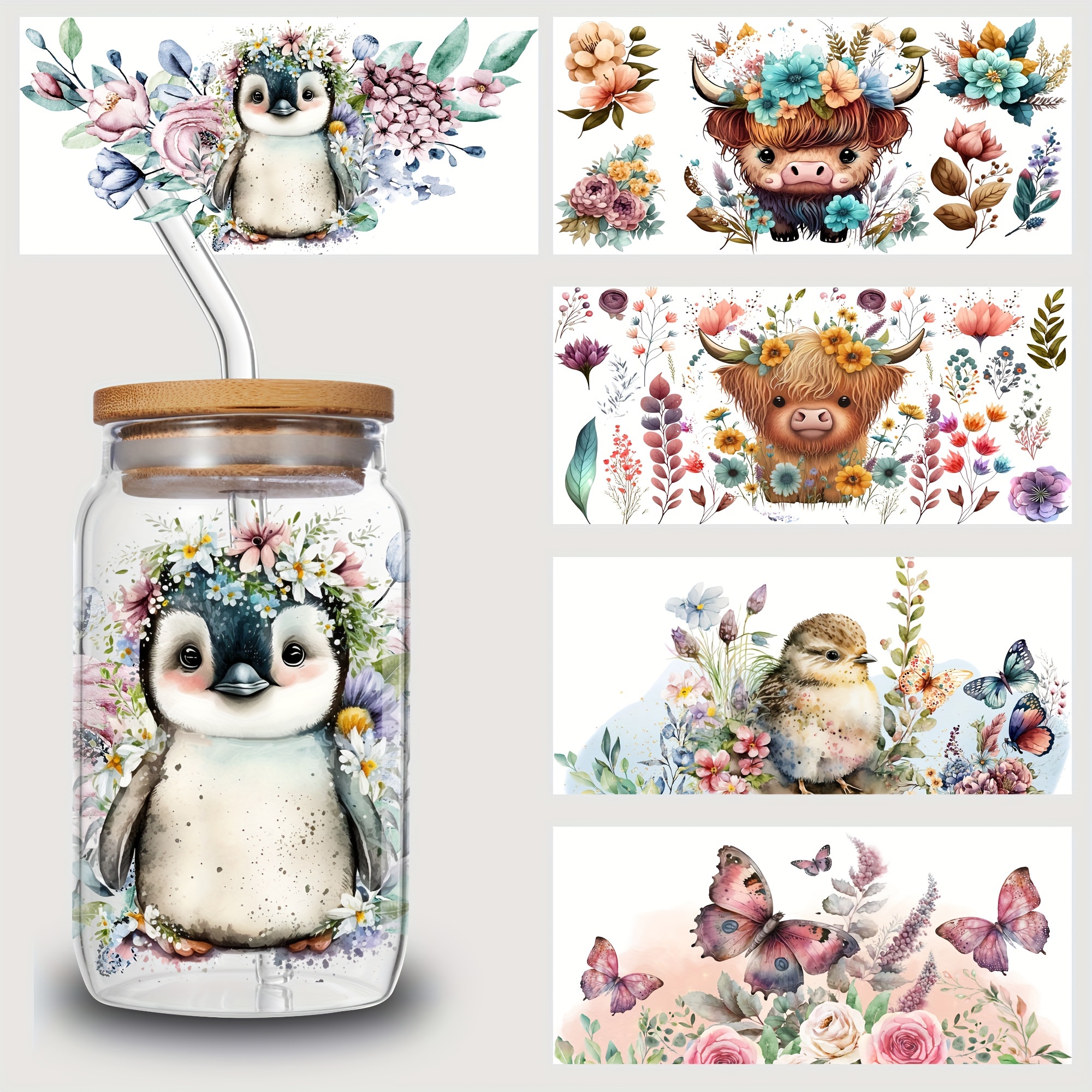 

5sheets Animal Uv Dtf Transfer Sticker Glass Cups Diy Wrap Transfer Sticker Glass Cup Waterproof Sticker Bottle Sticker Adhesive Sticker-high Quality