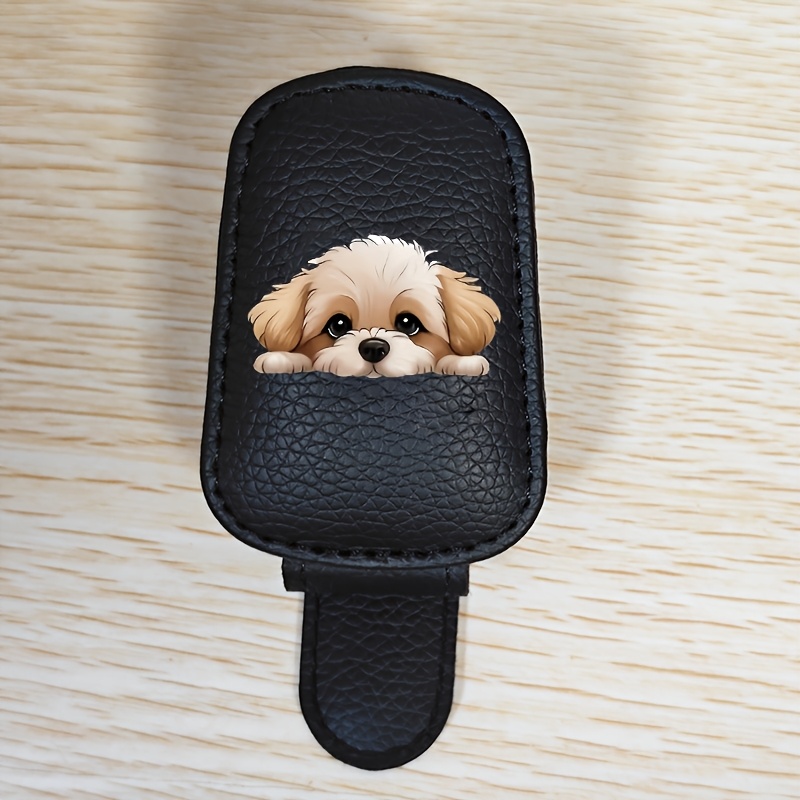 TEMU Lying Down Cute Puppy Car Sun Visor Glasses Holder - Pu Material, Suitable For Cards, Postcards, And In-car Storage, Perfect Gift And Fun