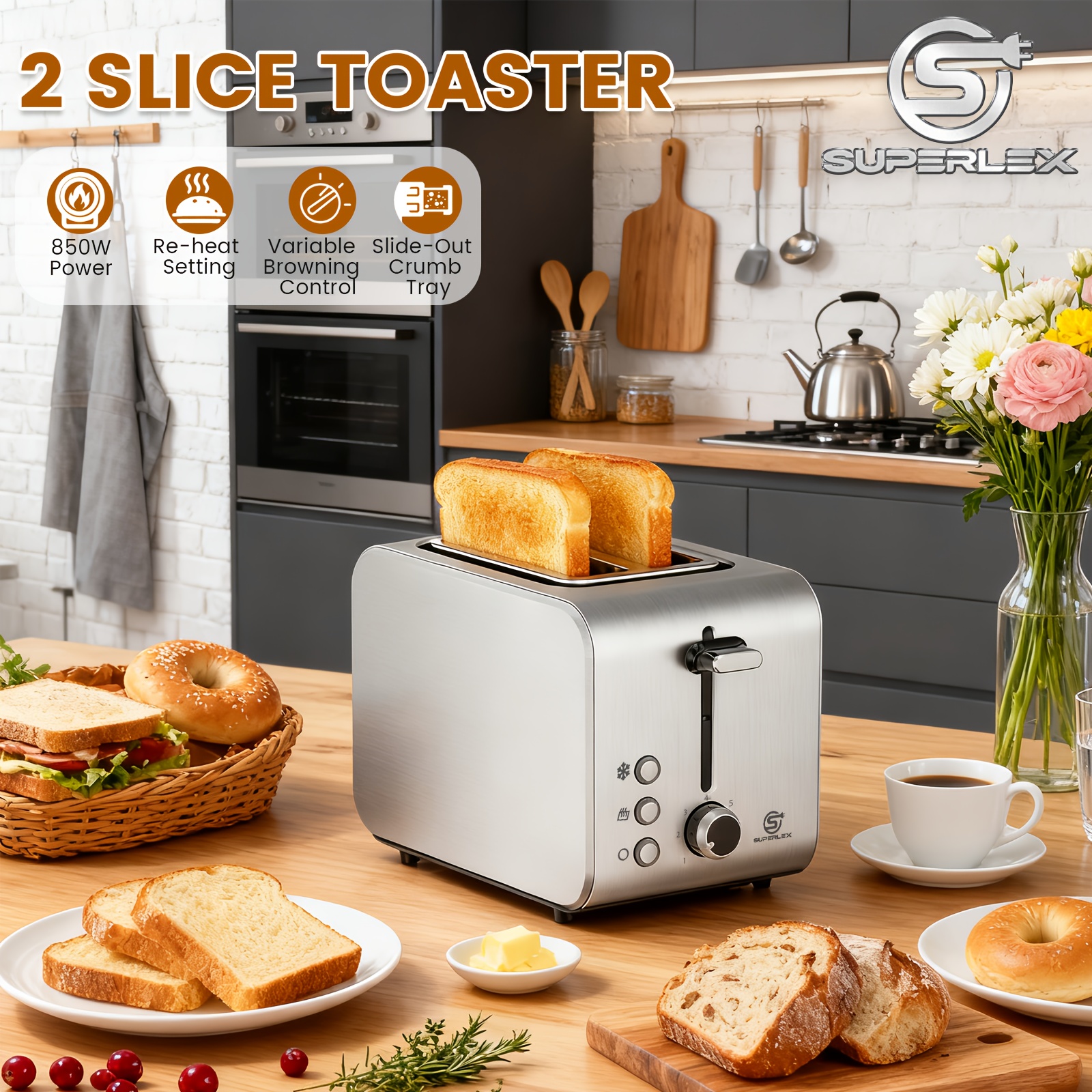 TEMU Superlex 2- Toaster Made Of Stainless Steel, Featuring A With Extra-wide Slots, 7 Browning Levels, And Functions For Defrosting, Reheating, And