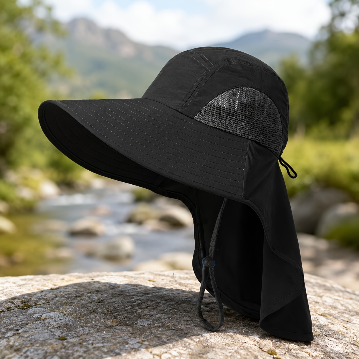 TEMU Outdoor Wide Brim Hat - Unisex Summer Breathable Mesh Fisherman Hat With Neck Scarf - Hat Available