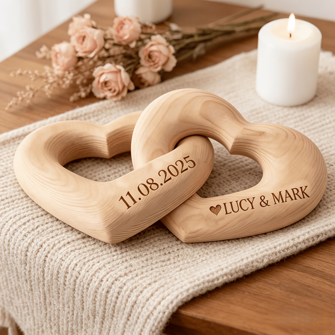 Wooden Heart Gift, Ring Ornament, Personalized Lovers' Names, Anniversary Date Gift, Sculpture Ornament, Holiday Decor, Wedding Decor