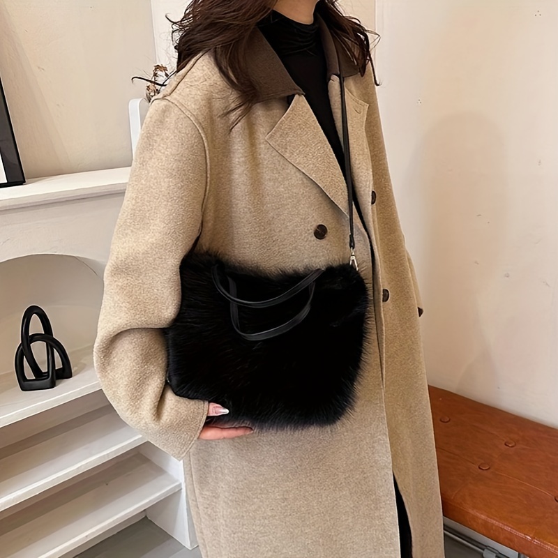   fur shoulder bag for women lightweight and stylish cute plush crossbody bag for autumn winter versatile   beige black options foldable no accessories included details 9