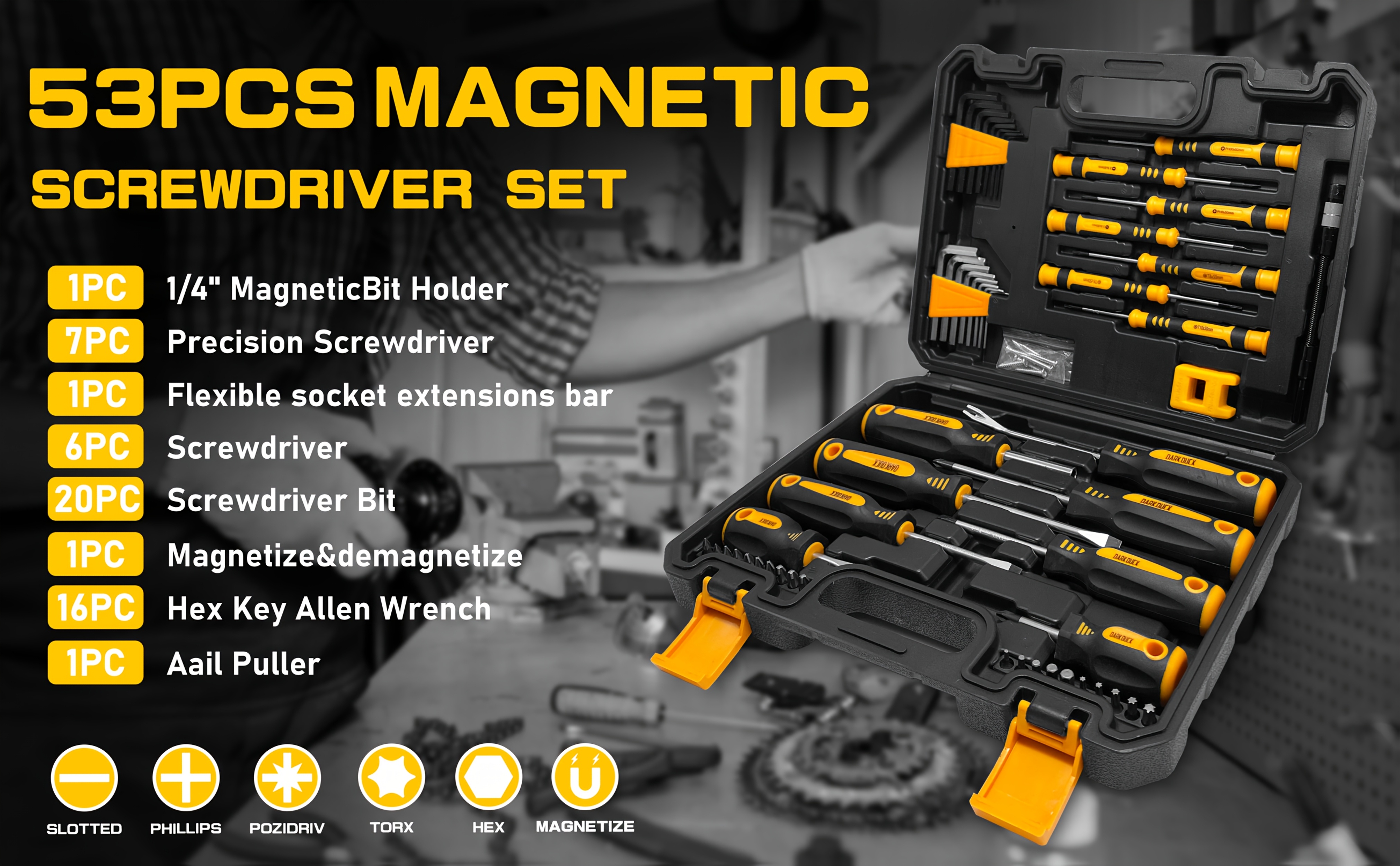 53/121/130 Pcs Magnetic Screwdriver Set, Chrome Vanadium Steel, Multi-Size, Hex Wrench, Flat & Hex Head, Non-Slip Handles, with Storage Rack & Magnetic Bowl,gloves,nail Puller,Screw, DIY Tools for Men Tools Gift