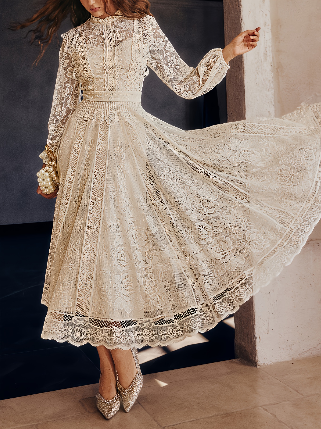 womens elegant formal party wedding dress long sleeve lace Temu