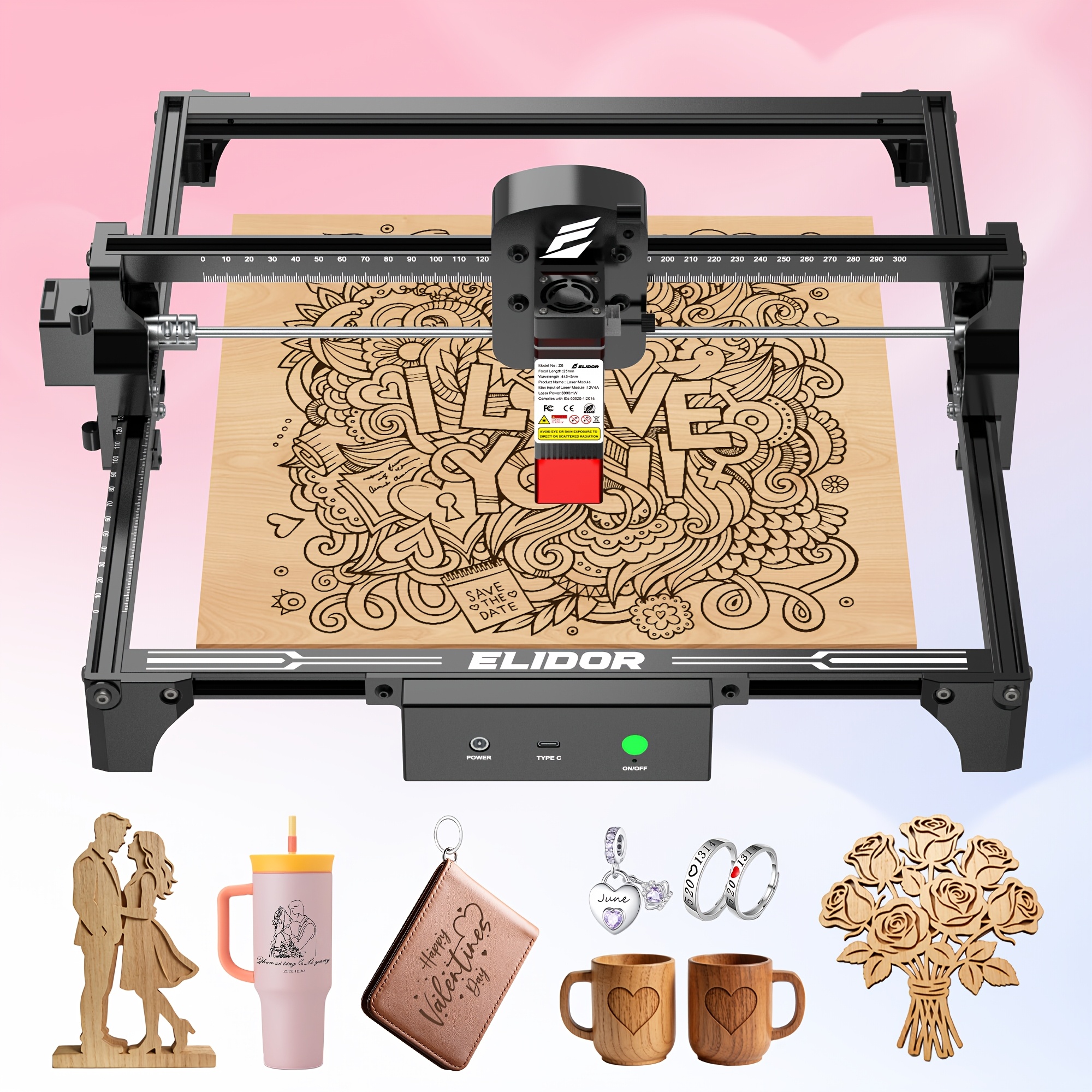 máquina de grabado láser z6, mesa de     de  300 mm, potencia láser de 6w,   para entusiastas de las manualidades, compatible con madera/acrílico/cuero/hojas/metal recubierto/cartulina y   materiales, herramienta   para decoraciones de san valentín de bricolaje
