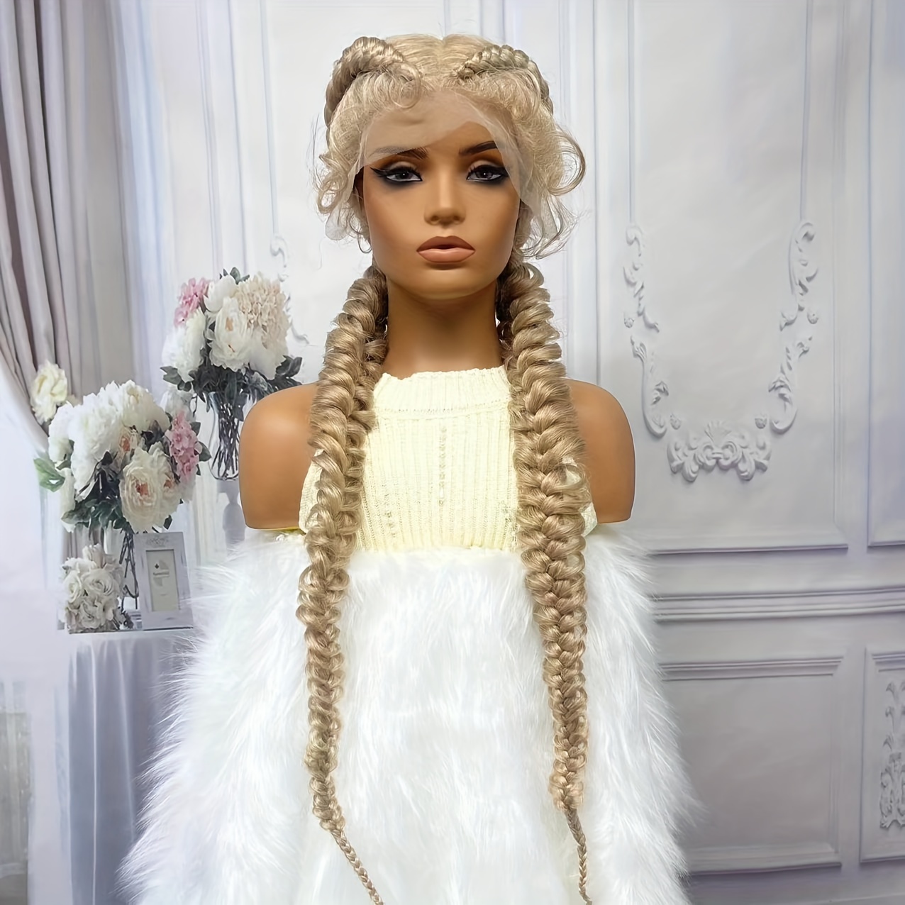 T Part Lace Front Twisted Cornrow Braided Wigs With Baby Hair Synthetic 2 Ponytails Box Braided Wig For Women