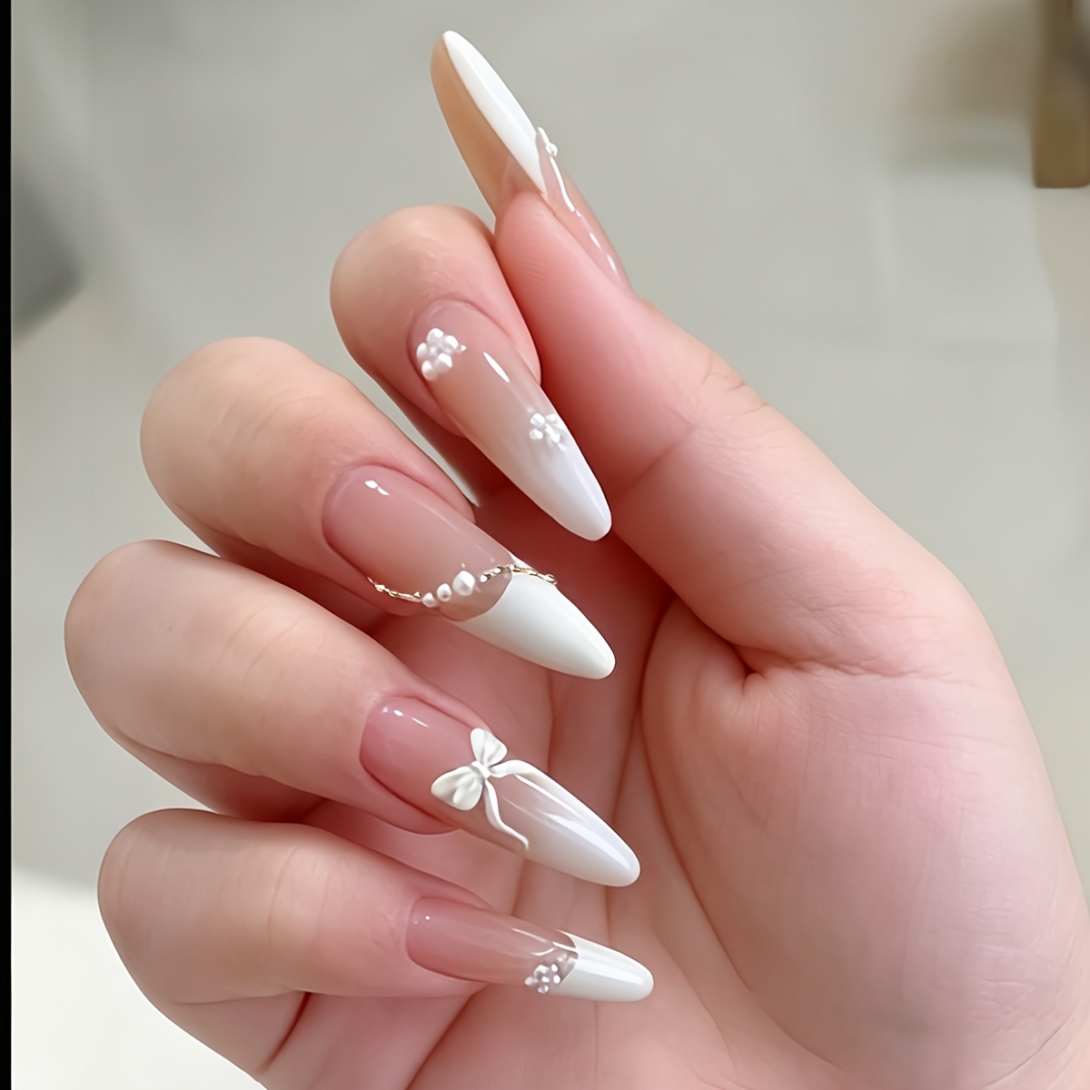 TEMU 30pcs Long Teardrop Press-on Nails Suitable For Women - French Tip Fake Nails With & Bow Decorations, Y2k Full-coverage Glossy False Nails,