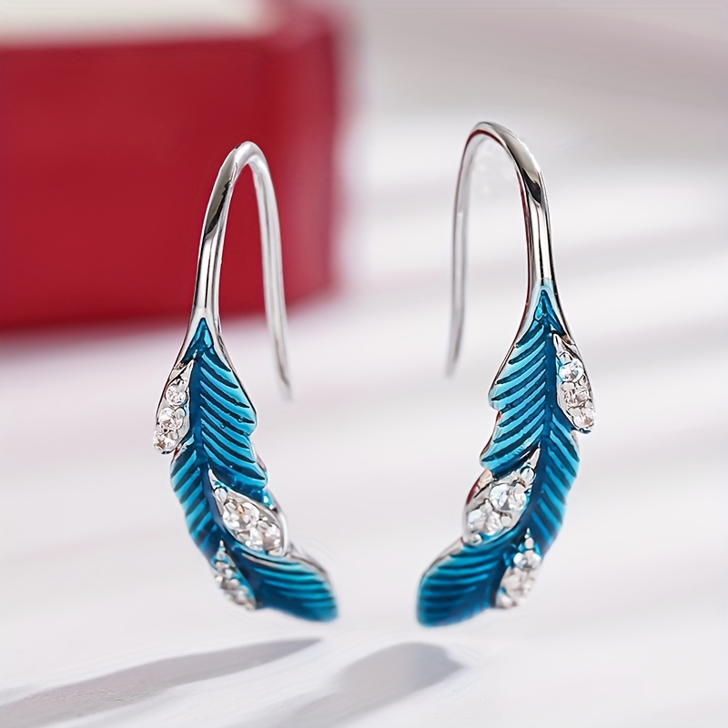 E-shop Ein Paar Vintage Exquisite Blaue Emaille Federförmige Hängeohrringe, Set mit Synthetischem Zirkonia, Geeignet für Damen Urlaubs Freizeit und