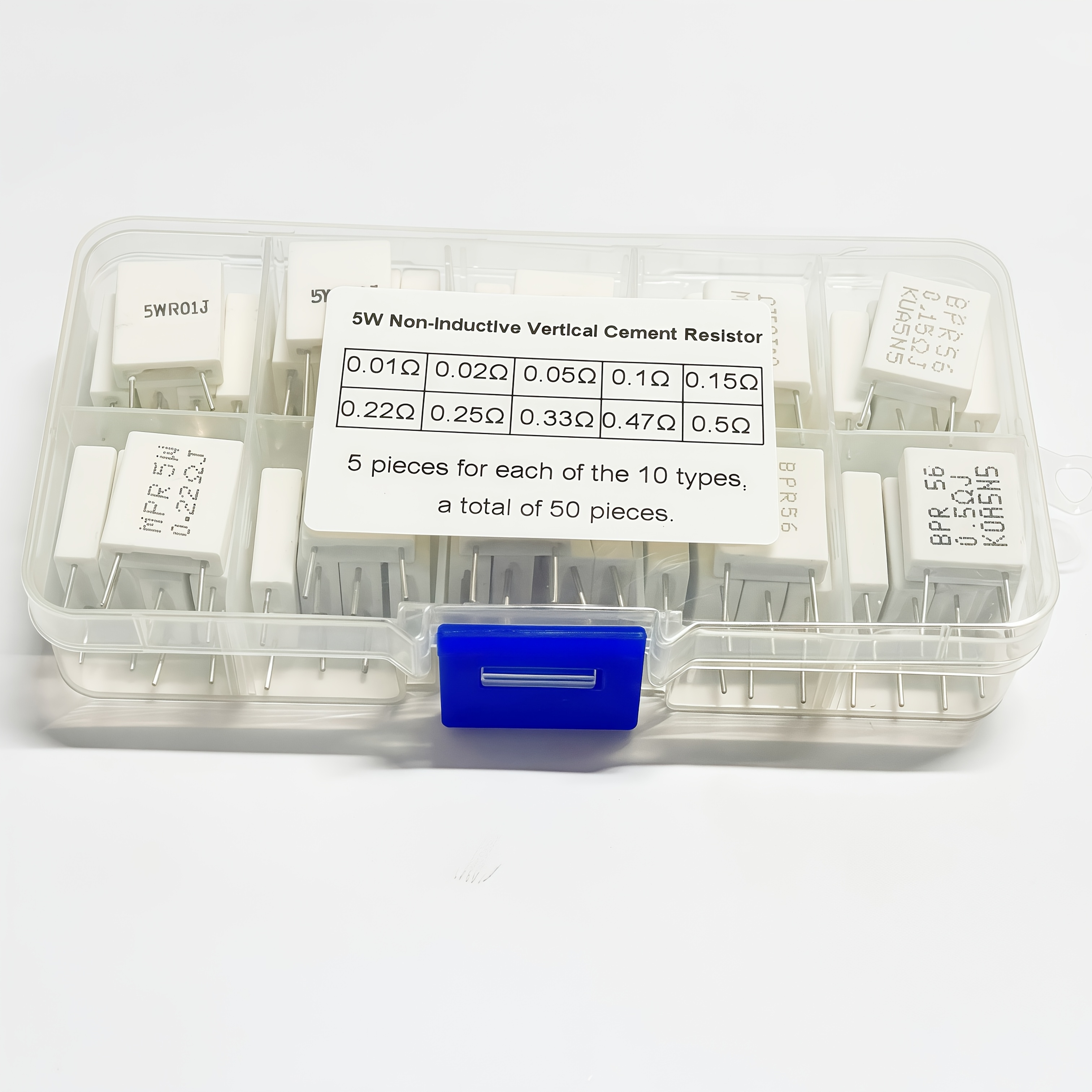 TEMU 50pcs 5w Metal Film Resistor Assortment, 10 Values: 0.01ω, 0.02ω, 0.05ω, 0.1ω, 0.15ω, 0.22ω, 0.25ω, 0.33ω, 0.47ω, 0.5ω. Resistor Box Set,