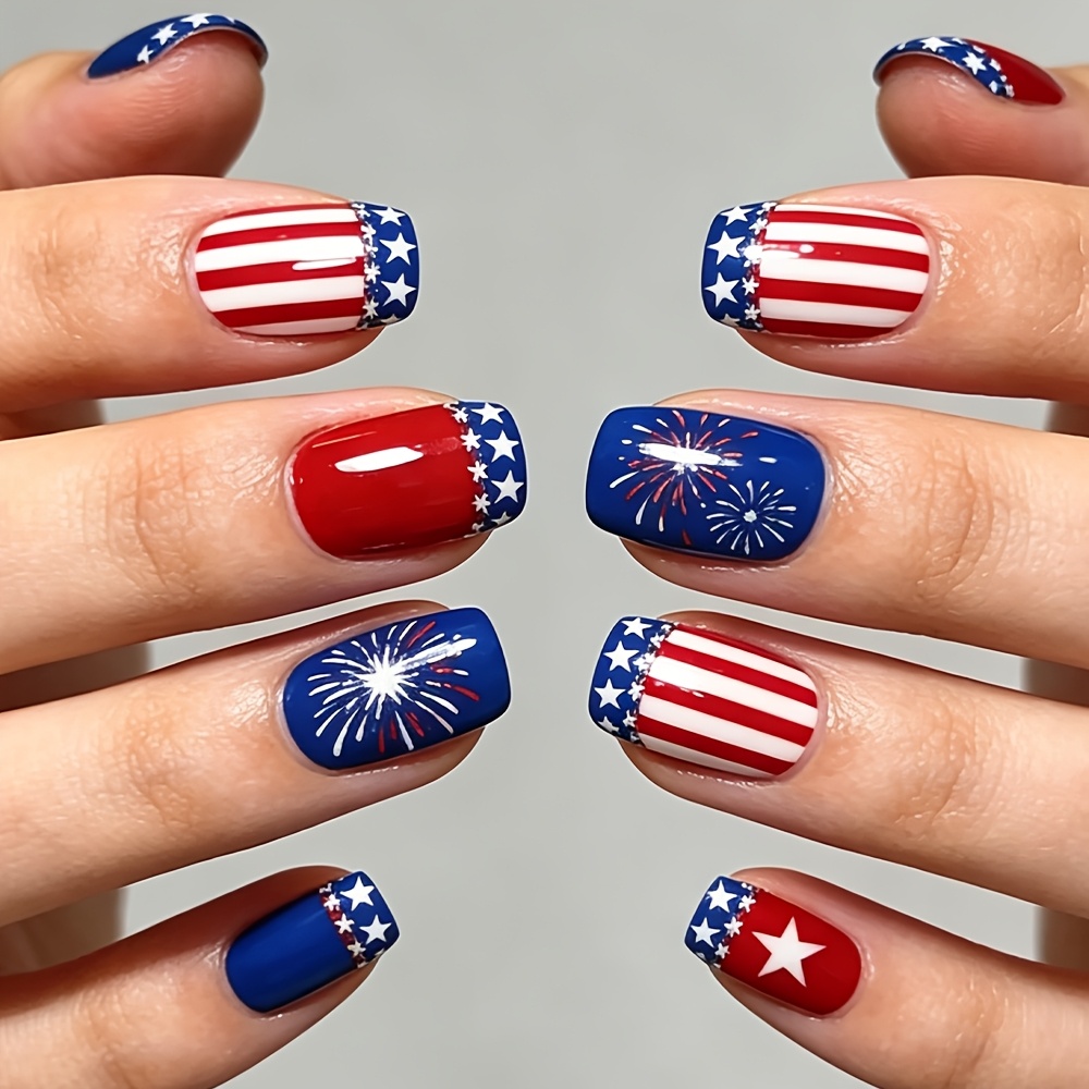 TEMU 24pcs 24pcs American Flag Press On Nails Suitable For Party, Short Square Glossy Fake Nails With Star Stripe & Firework Designs, Application For