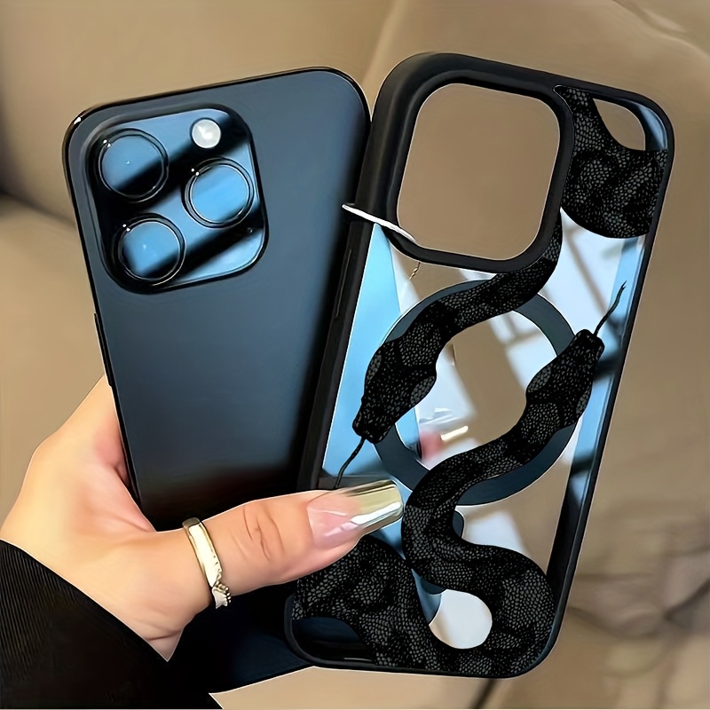 TEMU Phone Case - Black Snake Pattern High-end Unisex Fashion Protective Case Phone Case For Iphone 17 16 Pro Plus 15 Pro 14 13 12 And 11 16 Unique