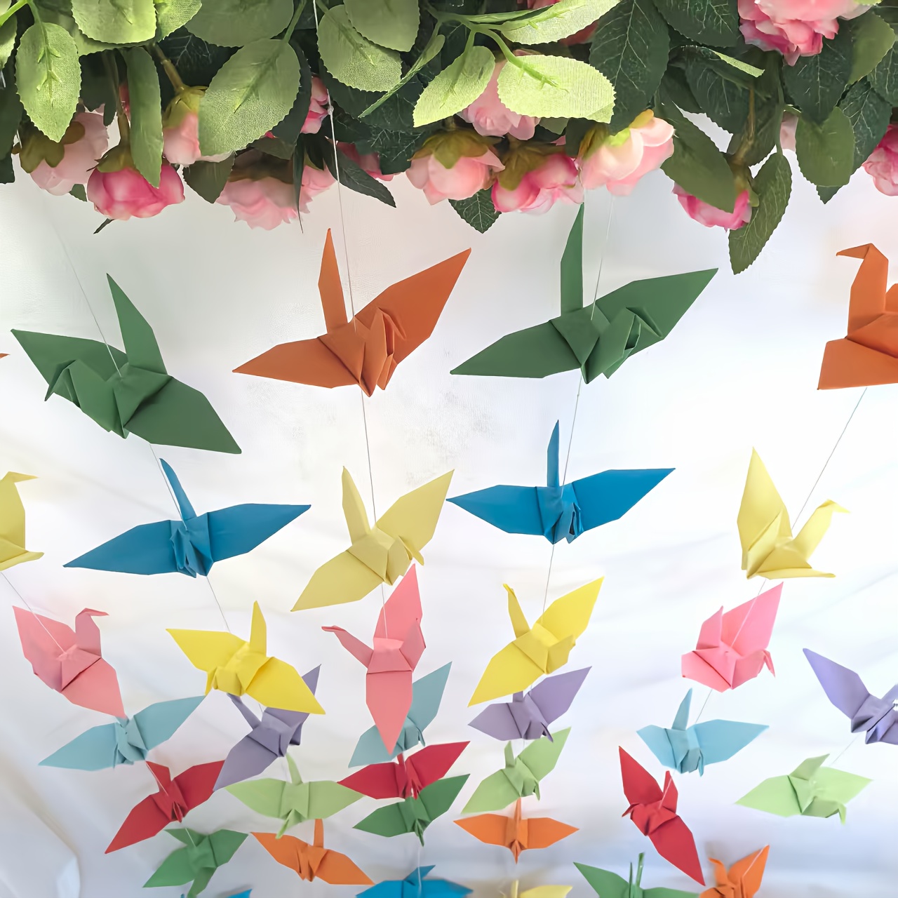 TEMU 2pcs Colorful Origami Paper Crane Hanging Garlands, Premade Folded Handmade Streamers For Wedding, Birthday Party Supplies, Window Display