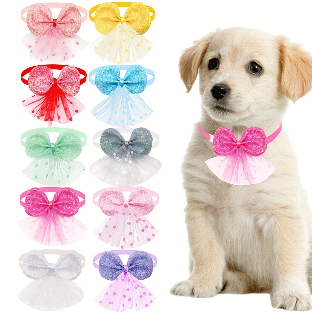 

10pcs Sparkling Bow Tie Lace Pet Scarves For Small, Medium, Large Dogs - Polyester Woven With Snap Closure - Grooming And Decoration Accessories