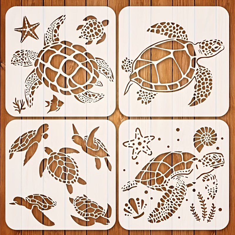 Image of Set Of 4 Sea Turtle Stencils, 8x8 Inches Reusable Painting Templates Featuring Starfish, Coral, Shells, And Sea Turtles, Perfect For Artistic Projects, Fabric, Canvas, , And Home Decor