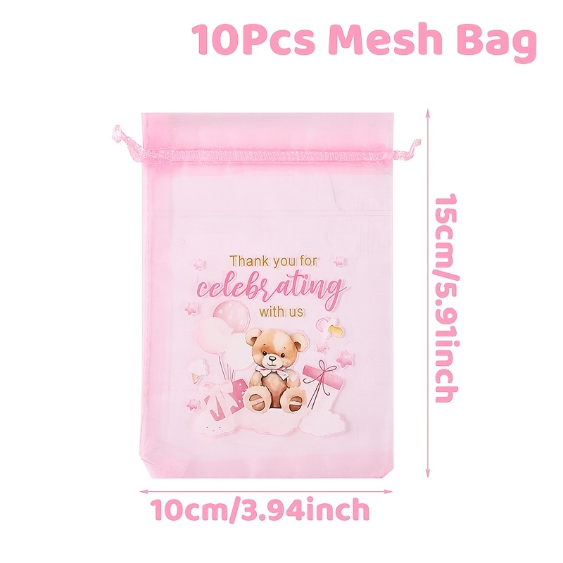 E-shop 10 Stück, Zugbeutel-Sets, Rosa Bär Zugbeutel, Rosa Teddybär Dankeschön-Muster Geschenktüten, Baby Shower Party Verpackungstüten, Hochzeits-