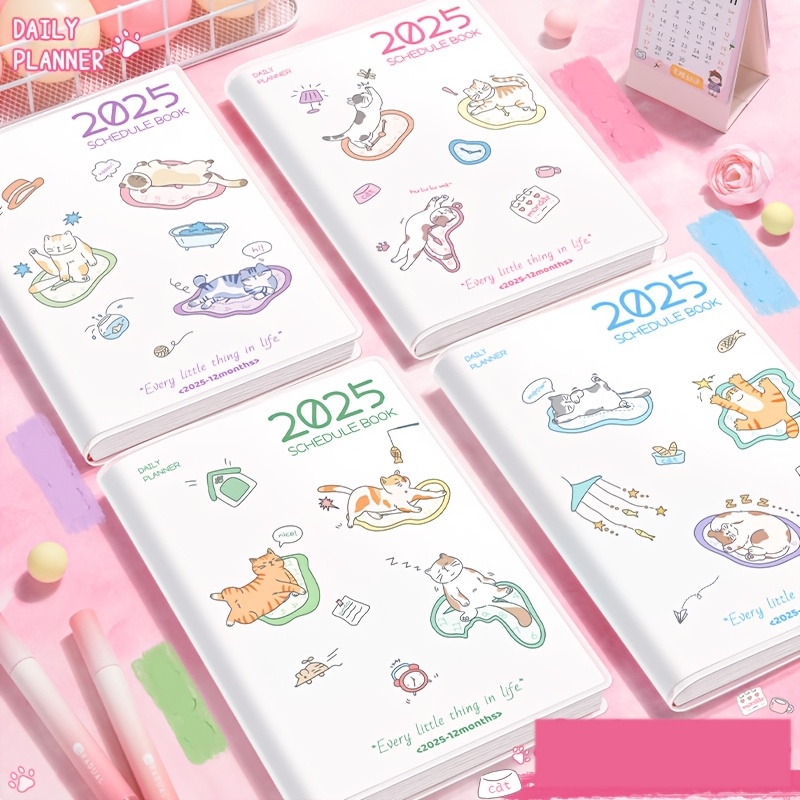 

2025 Cute Cartoon Daily Planner Notebook - Schedule Book With Date , English Text, Planning & Notes, Calendar Planner