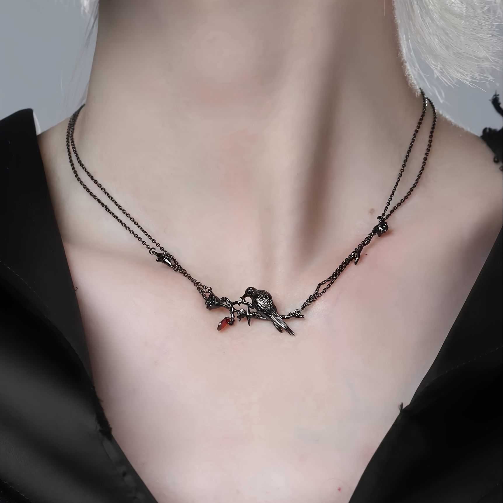 Vintage Boho Spider & Garnet Pendant Necklace, Gothic Style