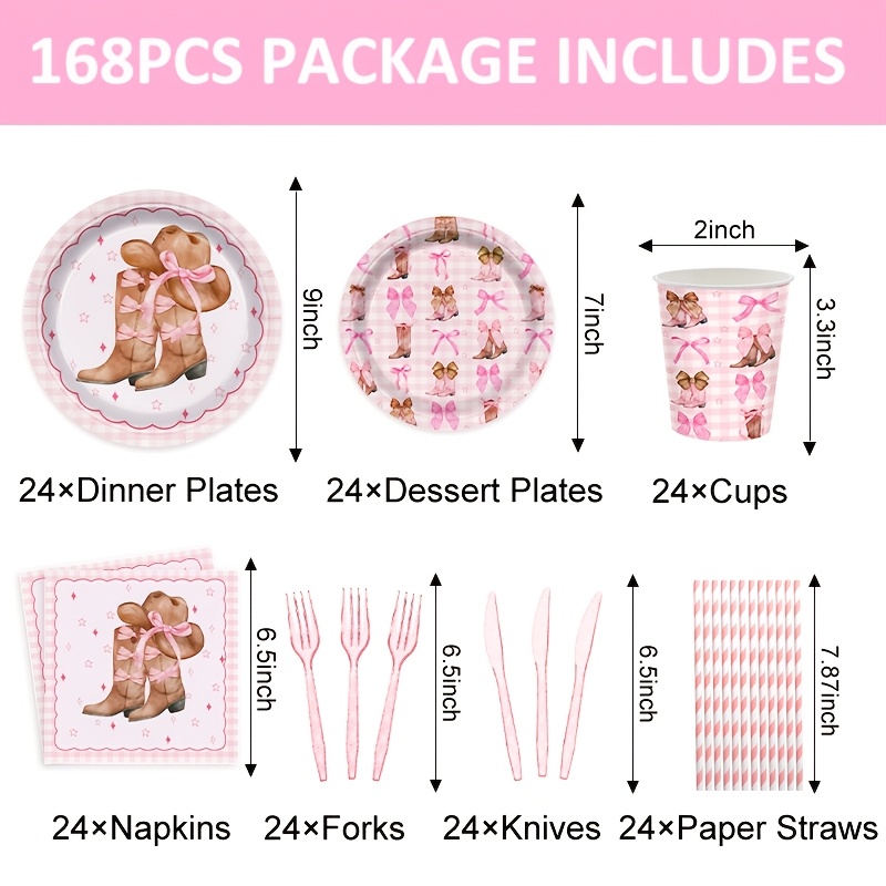 TEMU 168pcs, Pink Bow Cowboy Boots Party Tableware Set, Party Paper Plates Cups Napkins, Disposable Knife, Fork, Straw, Pink Bowknot Rodeo Themed