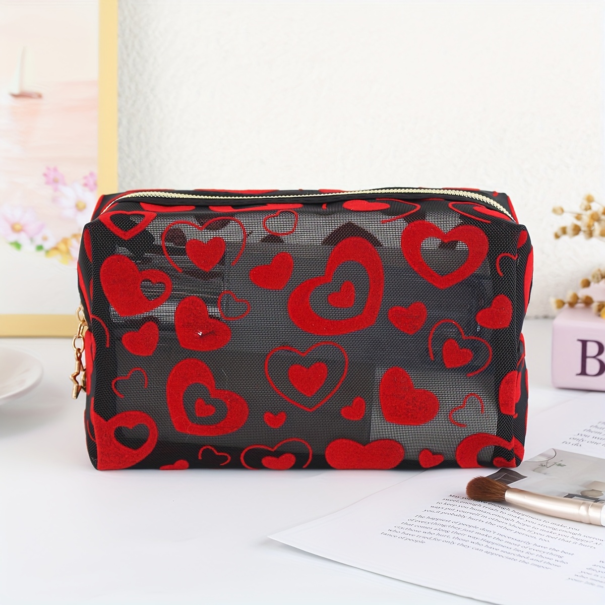 Red Heart Mesh New Cute Storage Bag For Outing Portable Makeup Bag Toiletry Bag Transparent Makeup Bag