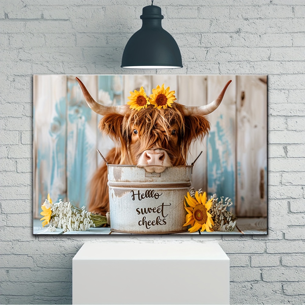 

1pc Wooden Framed Canvas Painting Highland Cow & Flowers Wall Art Prints For Home Decoration, Living Room, Bedroom, Bathoom & Bathtub, Festival Party Decor, Gifts, Ready To Hang