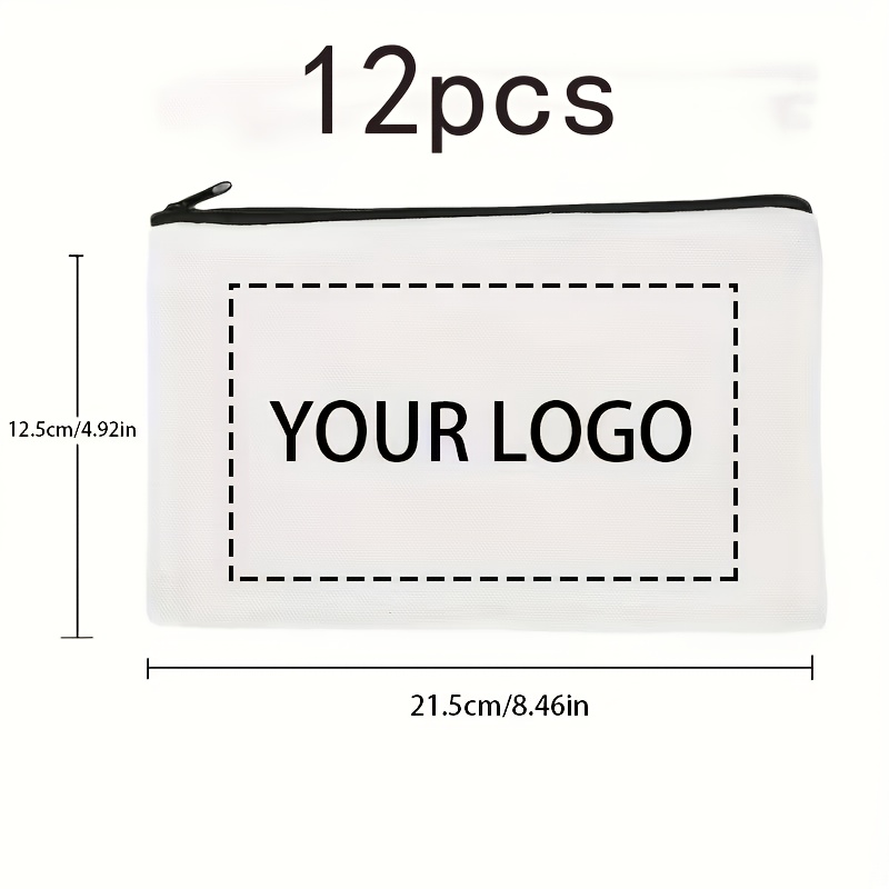E-shop 12 personalisierbare weiße Make-up- mit Reißverschluss - personalisiertes Logo, robuste Größe 8.27X5.12 Zoll, multifunktional, geeignet für