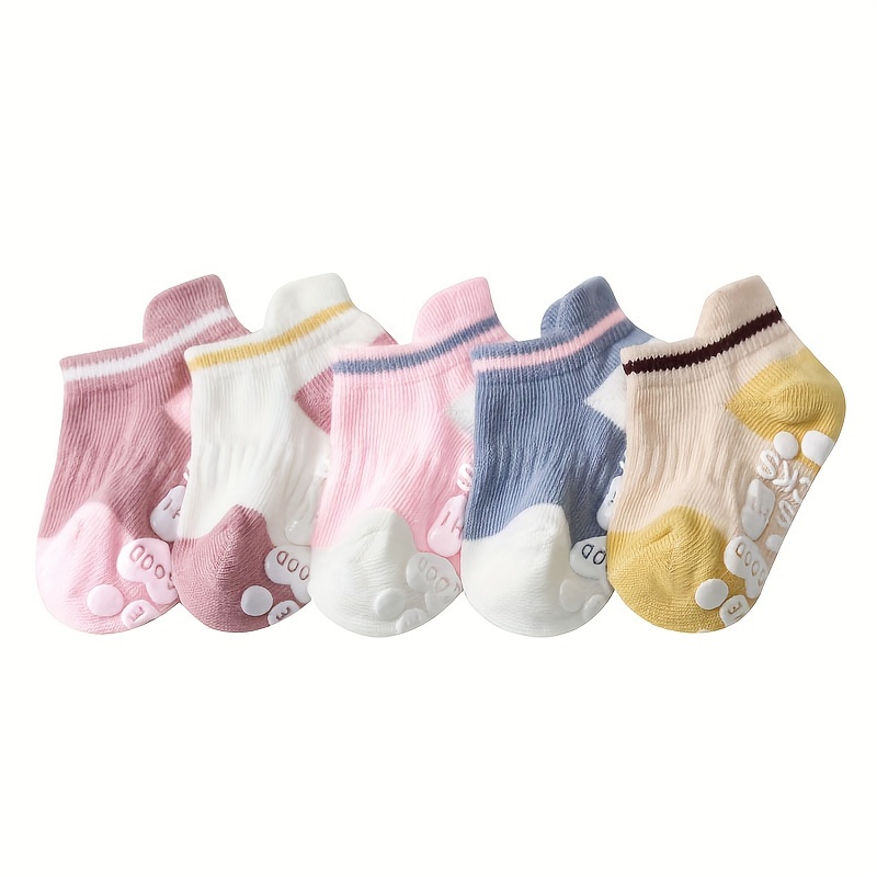 Image of 5 Pairs ' Non-slip Floor Socks - Soft Breathable Ankle Socks With Heart & Cloud Patterns, Pastel Colors, Indoor Play Socks For , Machine Washable, Socks, Footwear, Cute Footwear, Durable Socks