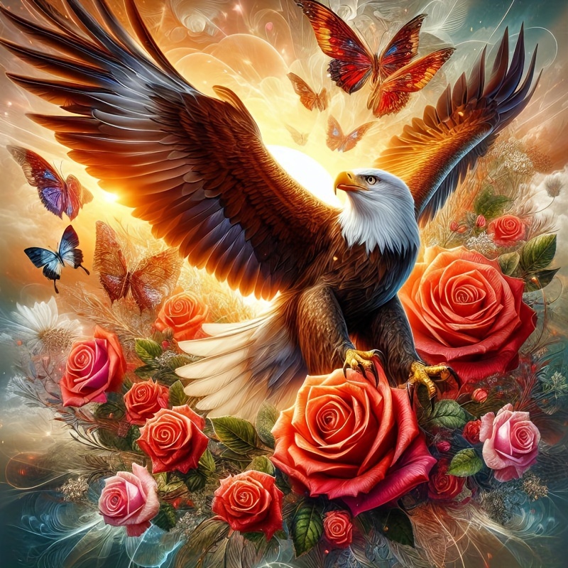 

Eagle And Roses Animal Diamond Painting Kit, Round Acrylic Diamond Art Wall Decor For Home, Bedroom, Living Room - Complete Tool Set Included