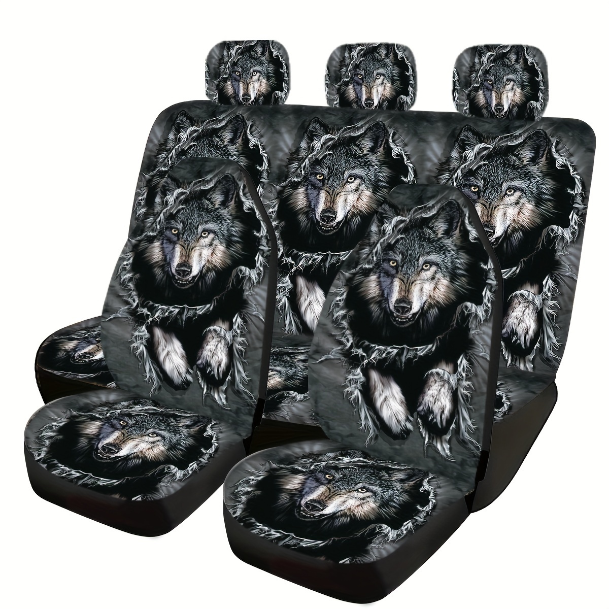 

Set Of 7 Distressed Wolf Printed Car (2 + 1 Backrest + 1 Rear + 3 Headrest )