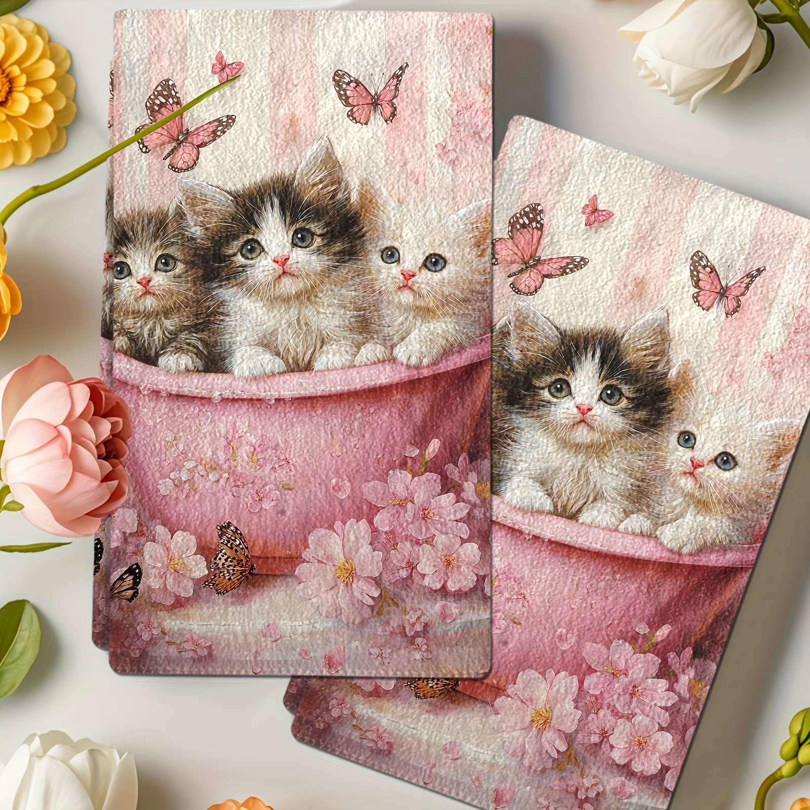 TEMU Of 2 Cat Dish Towels - Gentle Microfiber Cloths Featuring Adorable Cartoon Kittens, Pattern, Ideal For Fall Decoration, Presents, And Kitchen