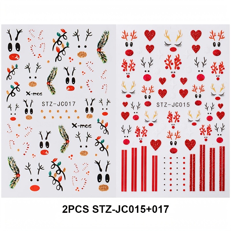 TEMU 2 piezas de pegatinas de uñas de de dibujos animados navideños con , , astas de , luces de Navidad, rama de pino, , rayas, calcomanías