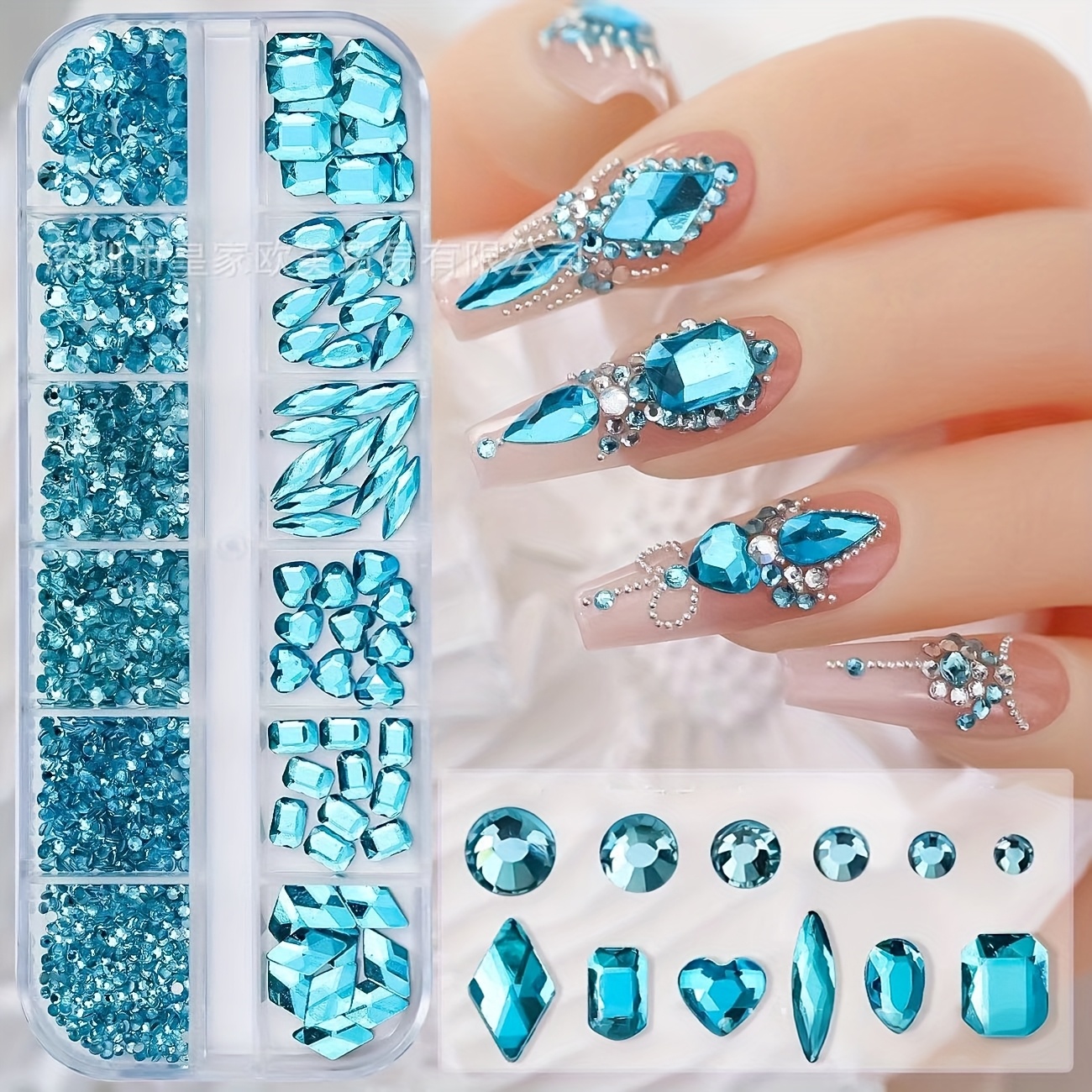 980pcs 12-grid Flat-back Irregular Nail Drills, Lake Blue Non-adhesive Back Small Round Drills, Diy Flat-back Gemstone Mixed Drills