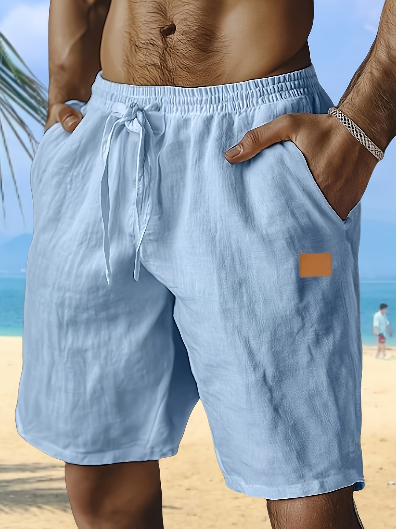 New Linen Shorts, Drawstring Style, Elastic Waist, Solid Color, Breathable,  With Pockets, Suitable For Daily Beach And Seaside Wear, Casual Shorts, Me
