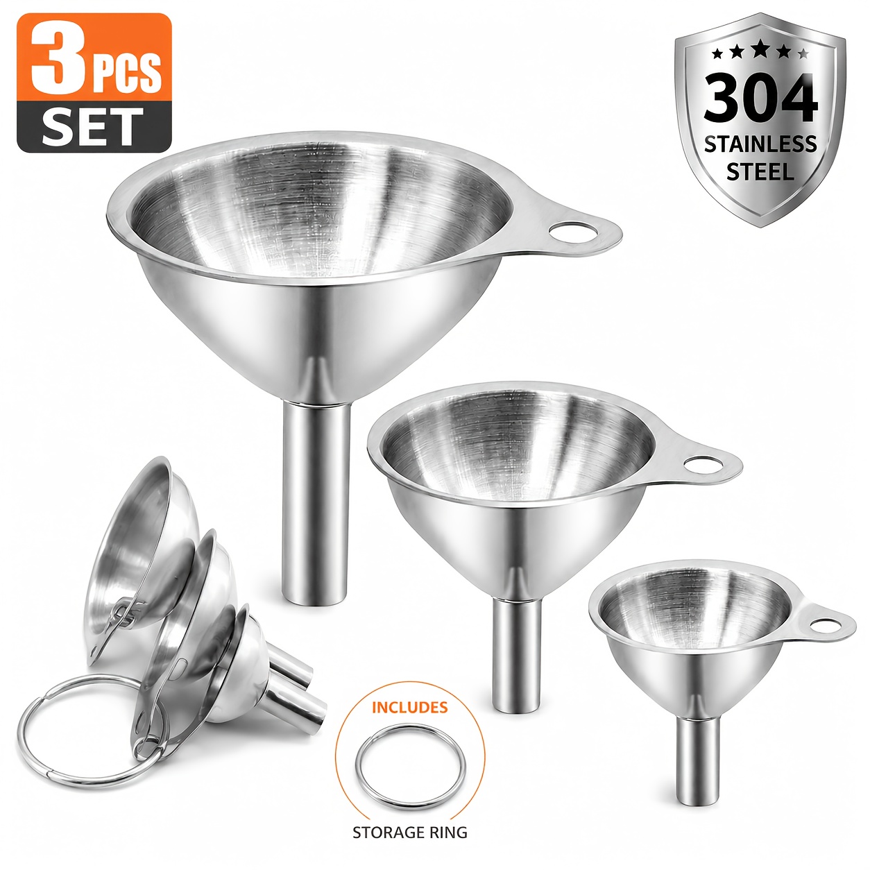 TEMU Stainless Steel Mini Kitchen Funnel Set, 3 Pack Durable Metal Filling Funnels For Transferring Liquid, Dry Ingredients, Cosmetic Lotion, Fluid,