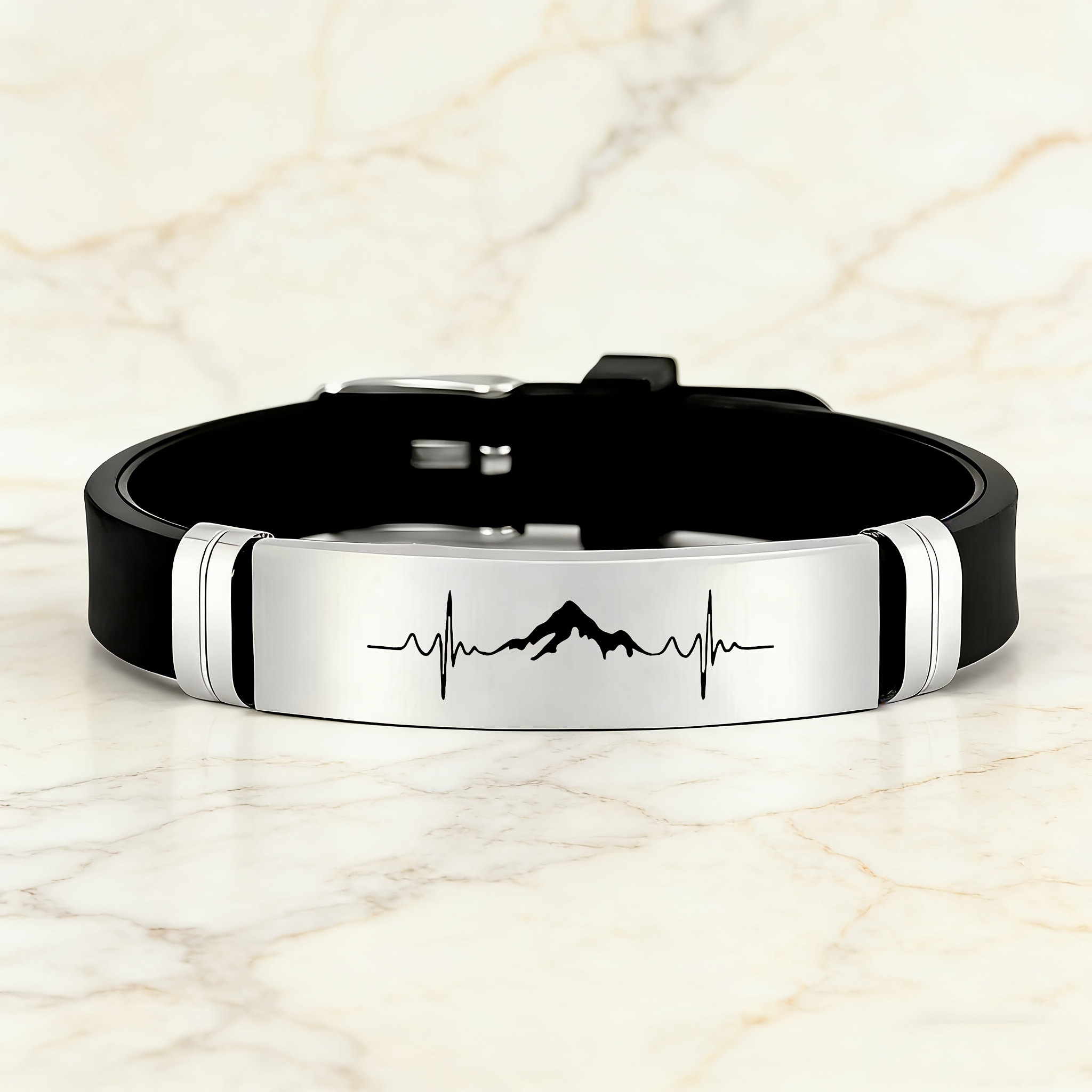 TEMU A Romantic Heartbeat Curve And Mountain Silhouette Are Into This Accessory. The Minimalist 202 Stainless Steel And Silicone Bracelet Conveys The