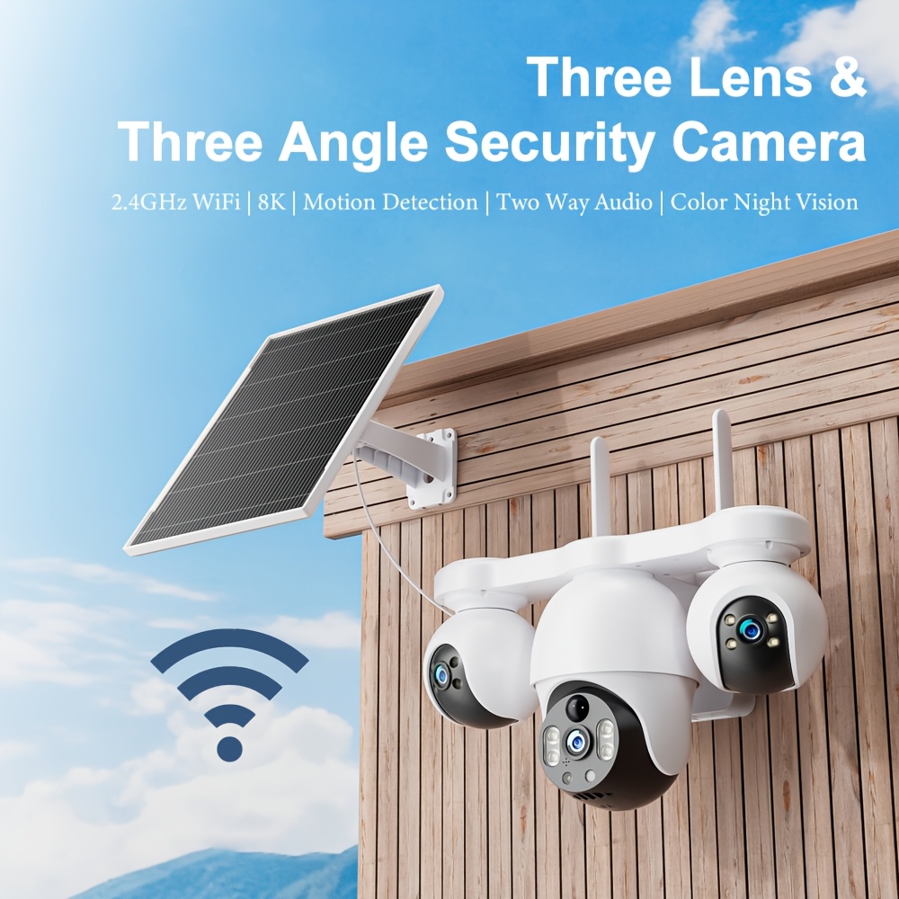 Triple Screen 8k Wifi Outdoor Solar Security Camera Video Surveillance Ptz 360° Pan Tilt Rotation Motion Tracking Pir Human Detection Voice Night Vision Alarm Push Suitable For 2.4ghz Network For