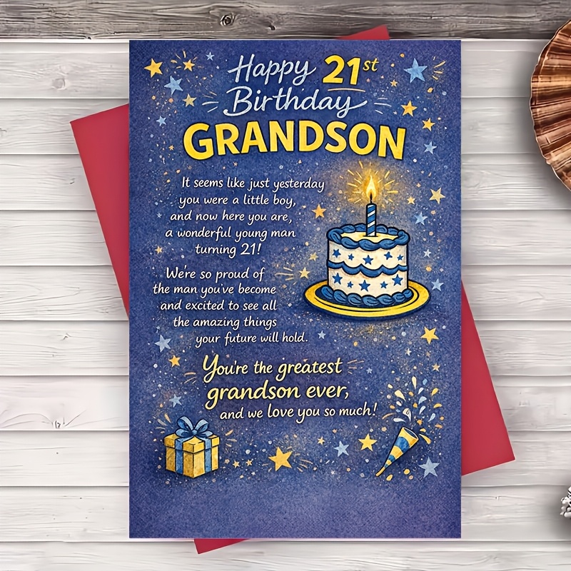 TEMU 1 Greeting Card + 1 Envelope Grandson 21st Birthday Card Cake Theme Inspirational Message From Family For Party Celebration Milestone Keepsake