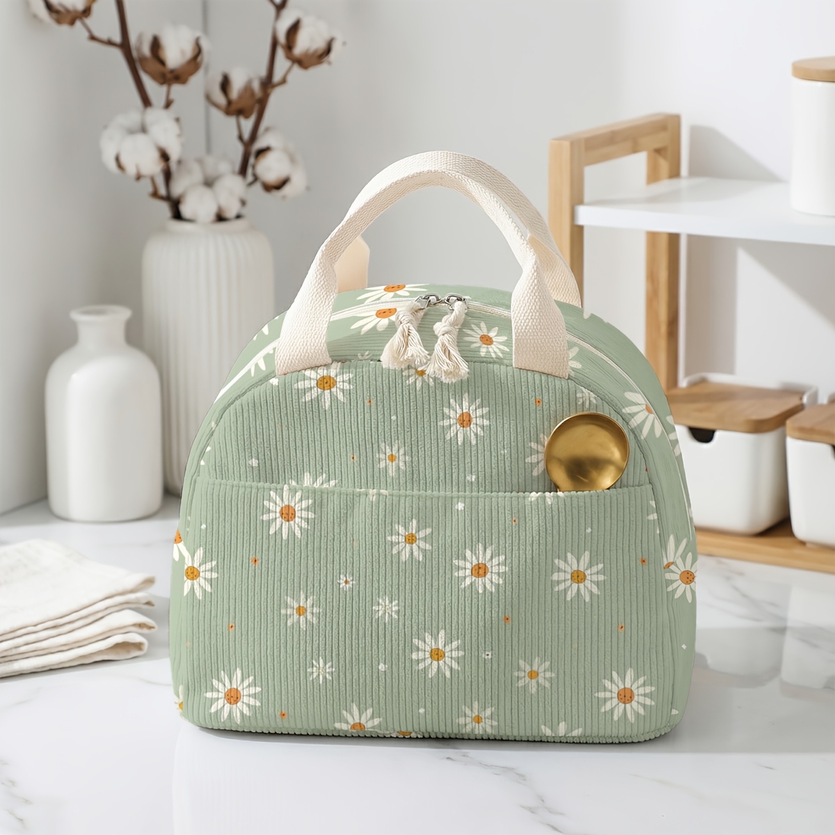 TEMU 2d Printed Corduroy Lunch Box Storage Bag With Daisy Pattern, Non-food Contact, Large-capacity Portable Storage Bag, Suitable For Students,