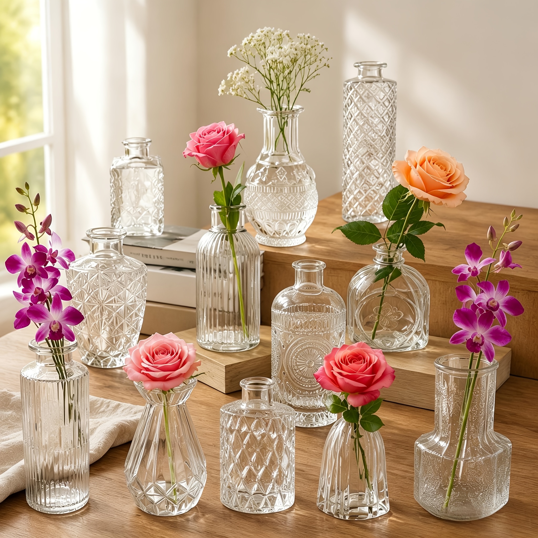 12pcs Glass Vase, Suitable For Flower Arrangement, Small Mini Vase, Retro Style, Suitable For Dining Table Decoration, Wedding Decoration, Party Decoration, Home Decoration (transparent)