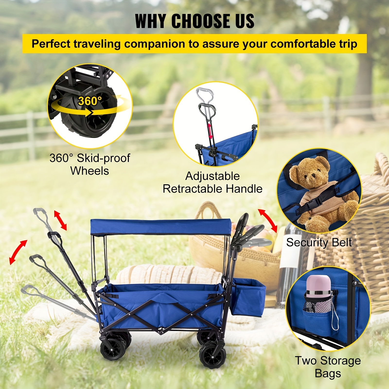 Extra Large Collapsible Garden Cart With Removable Canopy Folding Wagon Utility Carts With Wheels And Rear Storage Wagon Cart For Garden Camping Grocery Cart Shopping Cart & Outdoors Temu details 5