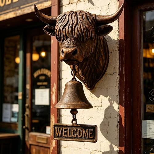 highland cow welcome bell scottish themed rustic resin doorbell with highland cow hanging bell suitable for homes gardens ranches outdoor decor outdoor gift for scottish decorations