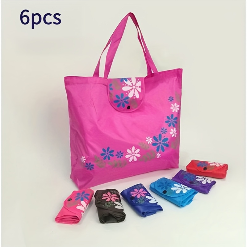 TEMU 6-pcs Random Color Reusable Shopping Bags, Portable Foldable Storage Bags With Handles And Button Closure, Leak-proof Rectangular Bags, Suitable