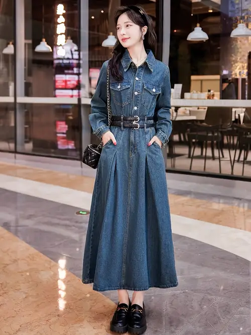 우아한 프렌치 스타일 하이웨이스트 데님 드레스, 더블 벨트 - 긴 소매, 신축성 없는 레이온 혼방, 세탁기 사용 가능